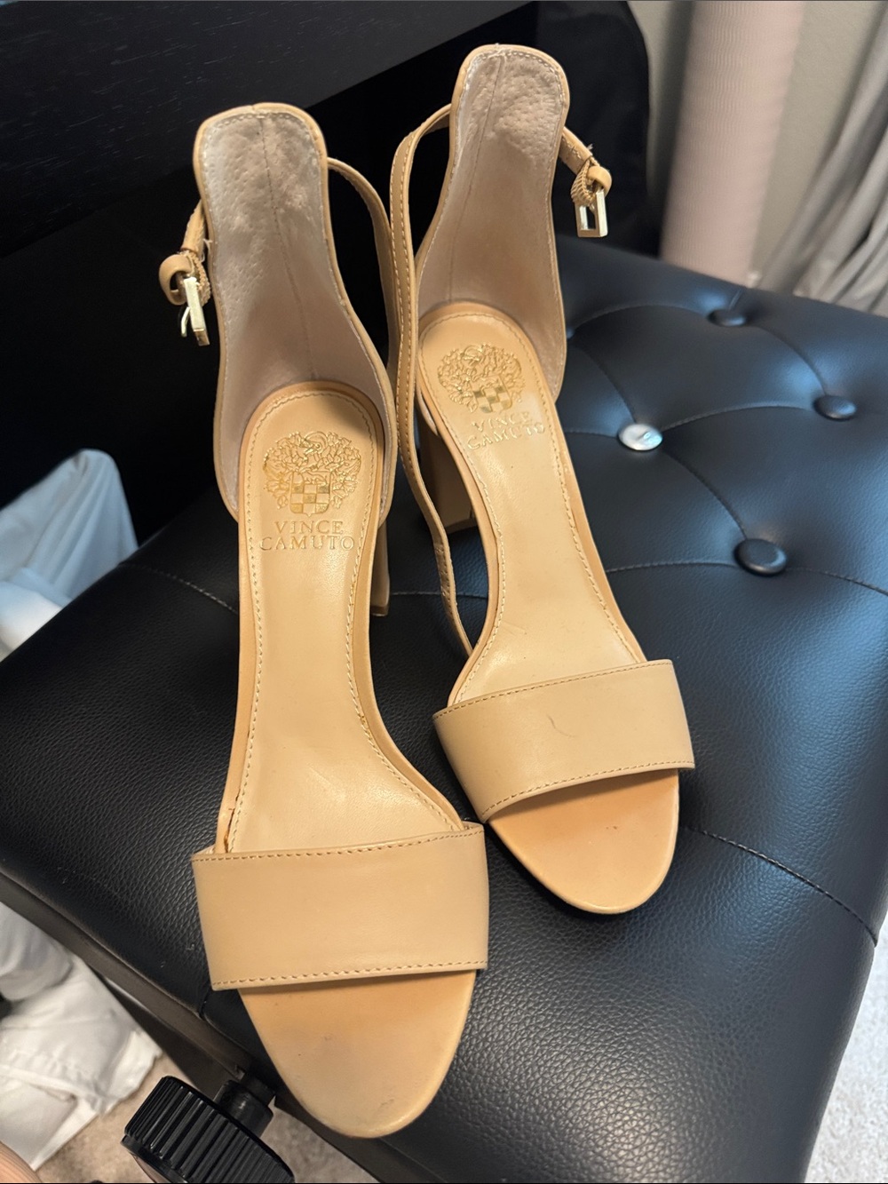 Vince Camuto Nude/Tan Leather Open-Toe Ankle Strap Heels
